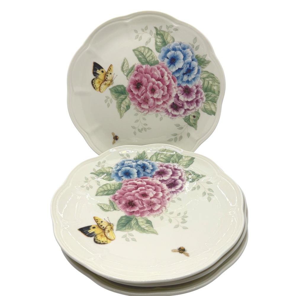 Lenox Butterfly Meadow Hydrangea Porcelain Accent Plates Set of 4 Scalloped 9in